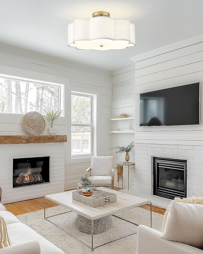 Gold Semi Flush Mount Ceiling Lights, 4-Light 18" Ceiling Light Fixtures with Fabric Shade in Flower Shape, Farmhouse Brass Drum Lighting for Nursery Bedroom Kitchen, AD-22009-4SF-GD