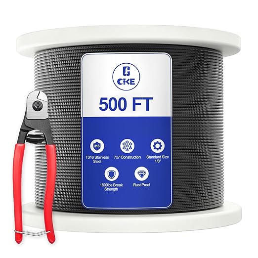 CKE 500FT 1/8" Black Stainless Steel Cable Railing System Hardware, T316 Stainless Steel Cable Wire Rope, 1850 lb Breaking Strength, 7x7 Strands Black Aircraft Cable for Deck Stair Fence Railing, BCW6