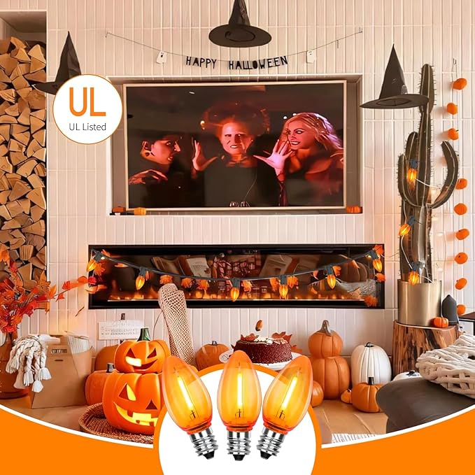 C7 Replacement Bulbs, 25 Pack Halloween Orange LED Bulbs, 0.6W E12 Base for Indoor Outdoor Christmas String Lights, Patio, Party Decor