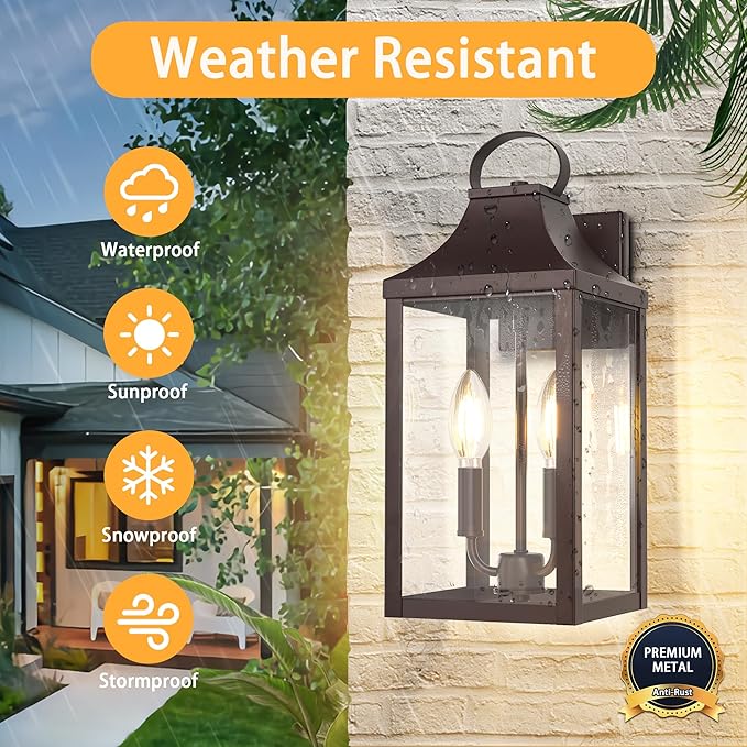 15" Black Outdoor Wall Lantern 2-Light, Outside Modern Wall Sconce Light Fixture, Industrial Porch Light Wall Mount with E12 Sockets, Waterproof Exterior Lamp Lighting, Brown