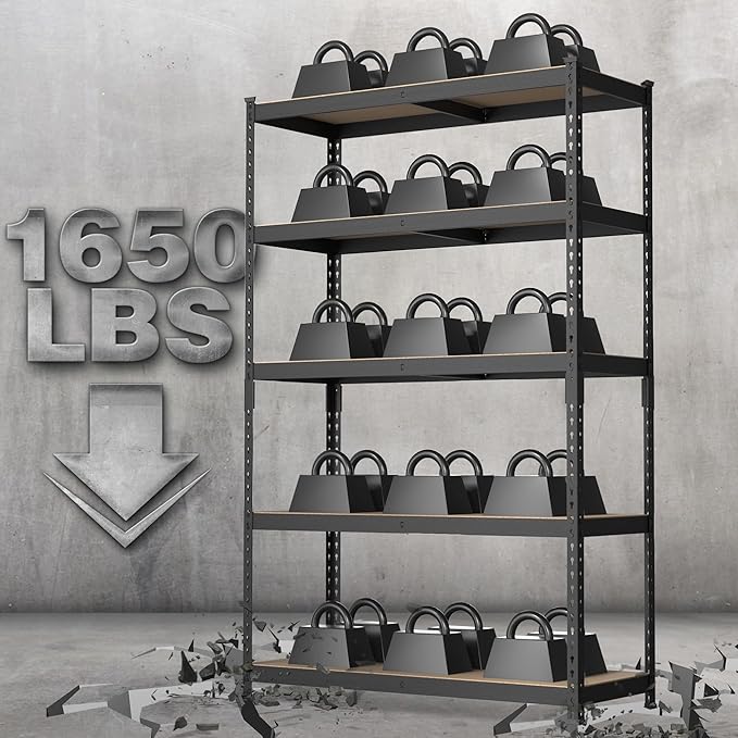 WORKPRO 5-Tier Steel Shelving Unit-Black, 35-3/10”W x 17-1/2”D x 72”H, Adjustable Storage Rack, Heavy Duty Shelf with MDF Board, 1650 lbs Load Capacity (Total) for Garage, Basement, Warehouse, Kitchen