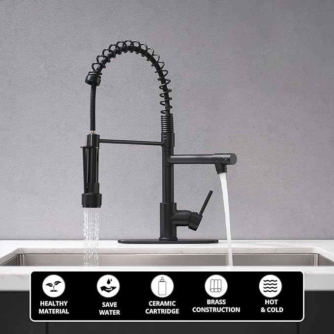 AIMADI Black Kitchen Faucet with Pull Down Sprayer, Commercial Single Handle High Pressure Kitchen Faucet Black with Deck Plate