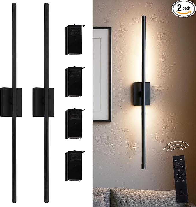 Auralume Wall Sconce Set of Two – Battery Operated LED Wall Lights with Remote, Dimmable, 4 Color Temps 3000K–6000K, 20,000mAh Rechargeable, Modern Indoor Wall Lamps