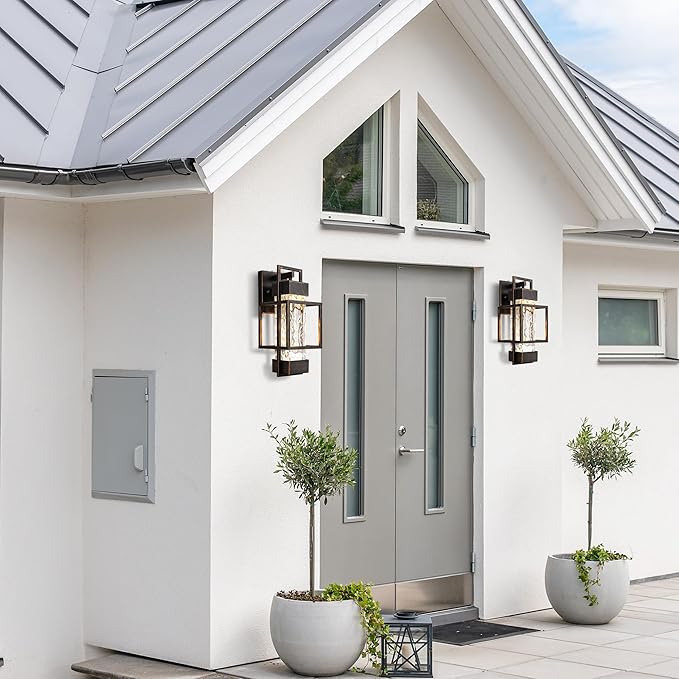 PARTPHONER Modern Outdoor Light Fixtures Dusk to Dawn Outdoor Lighting 2 Pack, 15" Exterior Wall Sconce Waterproof Outside Porch Light for House with Water Glass Black Brushed Gold