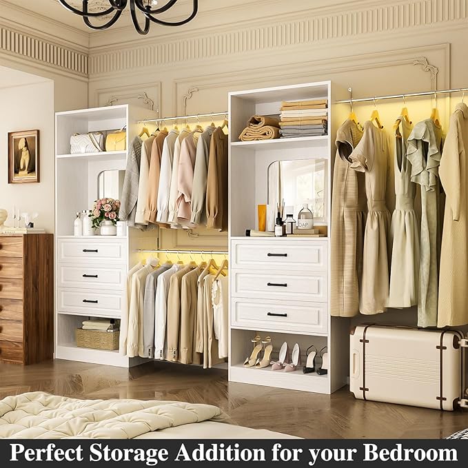 Unikito Closet System with 6 Drawers, 6-14Ft Closet Organizer with Mirror, Walk-in Closet Organizer Wardrobe Clothes Rack with 3 Hanging Rods, Sturdy Wood Clothing Garment Rack with Tower, White