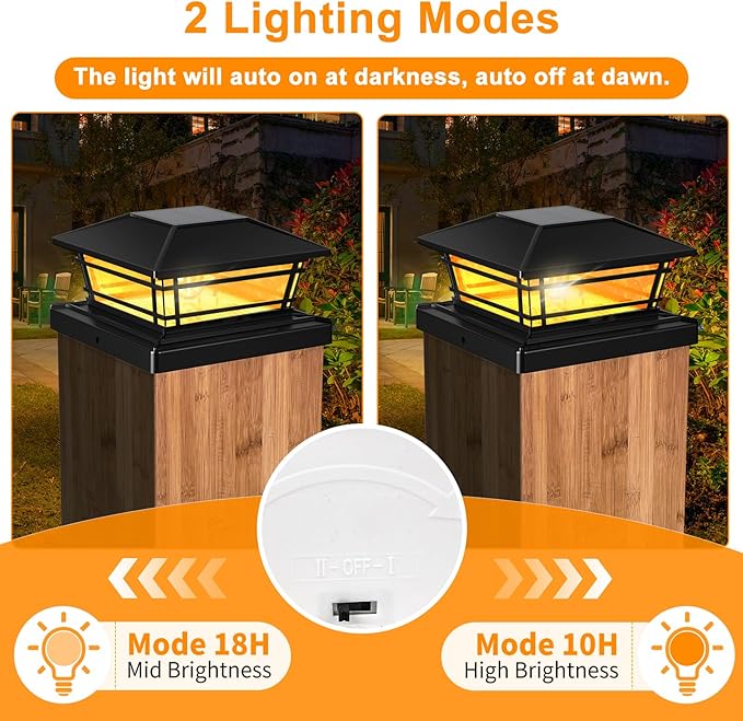 Solar Post Cap Lights Outdoor 6 Pack [LED Bulb, 2 Brightness Setting] Fence Post Solar Lights Waterproof for 4x4 5x5 or 5.5x5.5 Wood Posts, Warm Bright Bulb Lighting for Garden Deck Yard