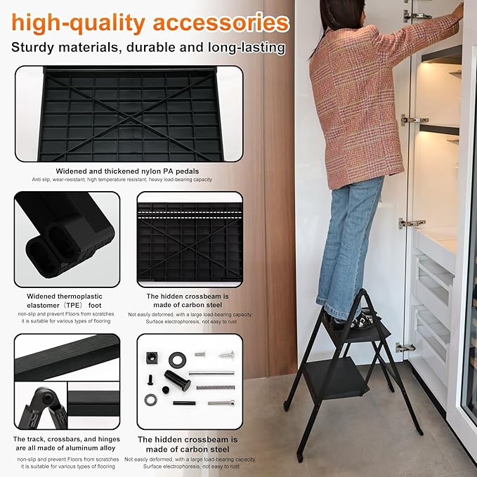 2 Step Ladder,Aluminum Ultra Thin Folding 2 Step Stool,400 Lbs Capacity Heavy Duty with Anti-Slip Sturdy and Wide Tread,Closet Slim Step for Home,Kitchen and Office,Space Saving (Black, 2-Step)