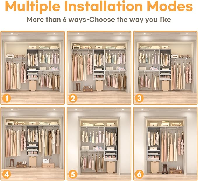 Cyclysio 96 Inch Closet Organizers and Storage, 8 FT Hanging Closet Organizer with 4 Adjustable Rods, Wardrobe Organizers with 3 Shelving Towers for 4-8FT Spaces(Cut-to-Fit), Gray