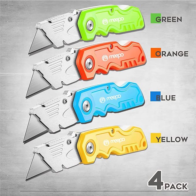 Box Cutter, 4-Pack Tough Folding Box Cutter for Heavy Duty Purpose, Razor Sharp Blade, Comfortable Handle, with Extra 10-Piece Blades, Can cut Drywall, Sheet Plastic, Linoleum, Boxes, Rope