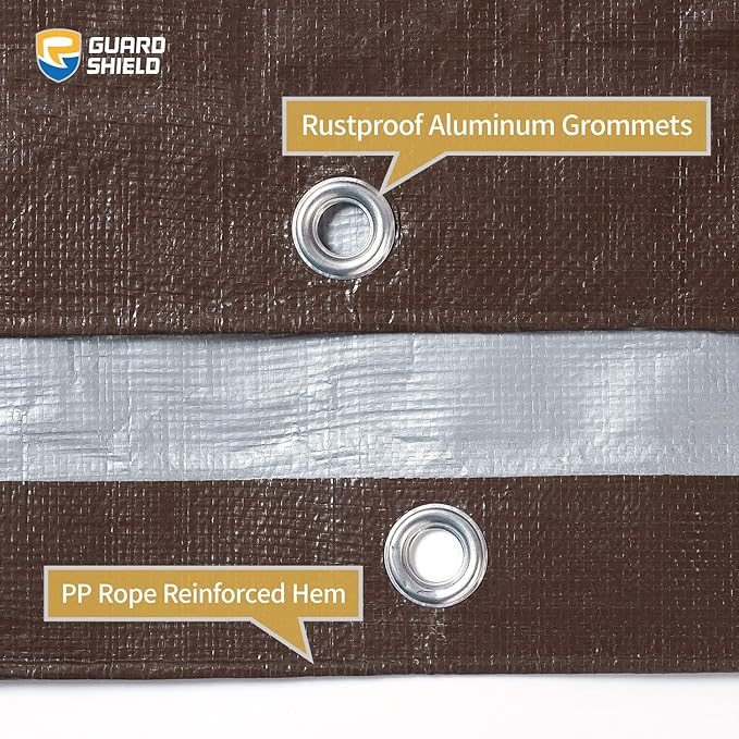GUARD SHIELD Tarps Heavy Duty Waterproof 10x10 Feet Brown/Bright Silver Poly Tarp Cover Square Outdoor Thick UV Resistant Tarpaulin with Grommets 10mil