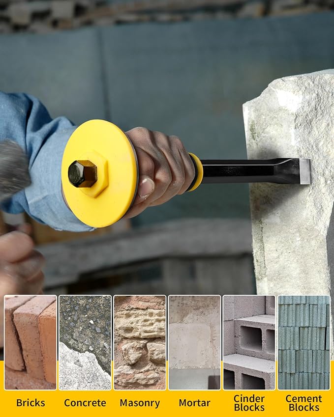 Rock Chisel Set, Firecore 3PCS Masonry Chisel with Hand Guard, Heavy Duty Point Flat Cold Chisel for Concrete Stone Brick Rock Tile Mortar Breaking Demolishing Carving Splitting Cutting Mason Tools