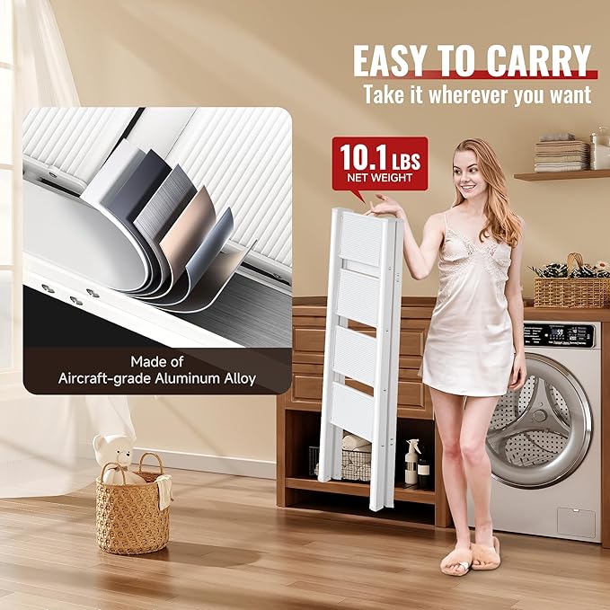 GameGem 4 Step Ladder, Aluminum Folding Step Stool with Anti-Slip Sturdy and Wide Pedal, Lightweight Portable Stepladder for Home and Kitchen Use, Cream White, 330 lbs