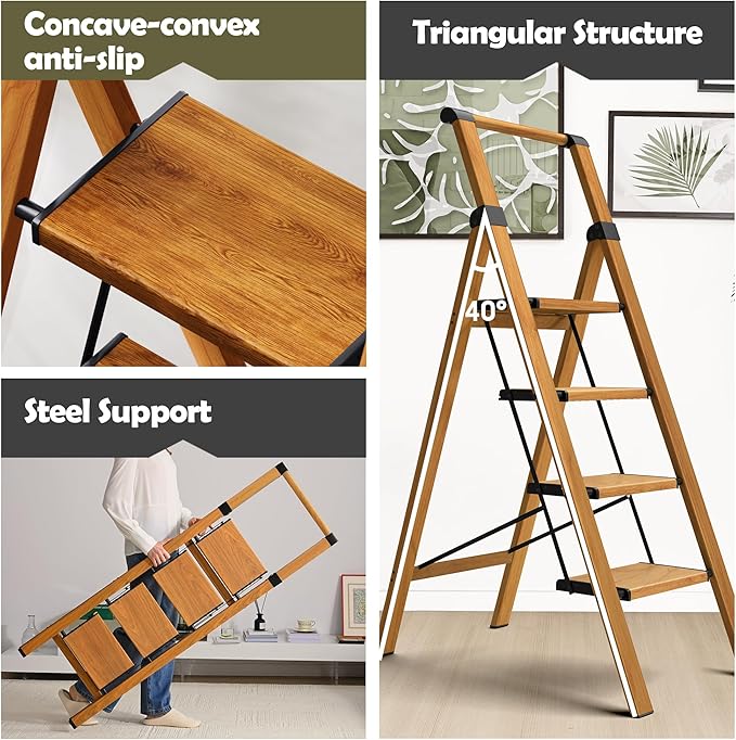Taranta 4 Step Ladder, Portable Folding Ladder with Wide Pedal, Lightweight Aluminum Step Stool with Convenient Handgrip, 330 lbs Capacity Stepladder for Home, Office - Woodgrain