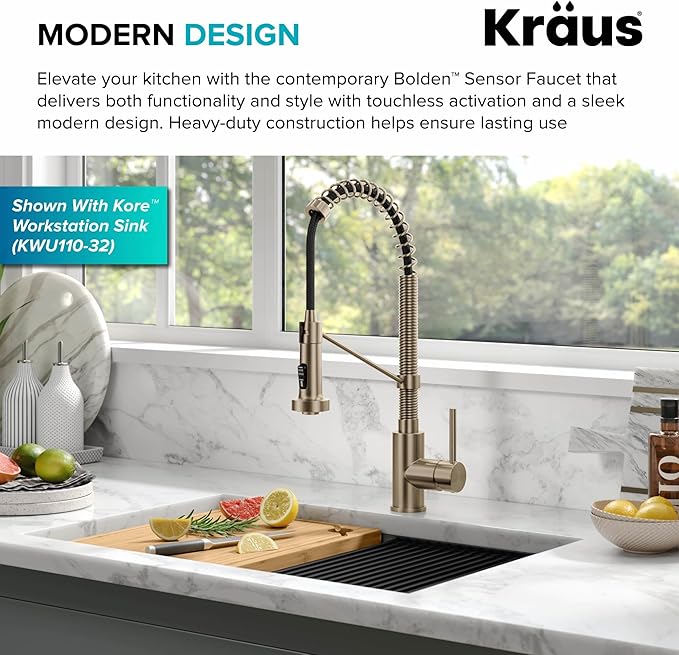 KRAUS Bolden Touchless Sensor Commercial Style 2-Function Single Handle Pull Down Kitchen Faucet in Spot-Free Antique Champagne Bronze, KSF-1610SFACB