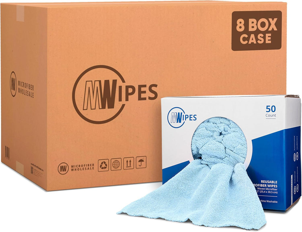 Blue Microfiber Shop Towels | MWipes Reusable Shop Rags | 50 Rags in a Box (400 Count) | Super Absorbent, Machine Washable Hundreds of Times | Automotive, Paint, Industrial, Detailing