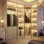 Corner Closet System with 3 Drawers, Corner Closet Organizer System with 13 Shelves & 3 Hanging Rods, 63.2"L * 39.2"W Reversible L Shaped Walk-in Closets, Load 2000+LBS, White Oak