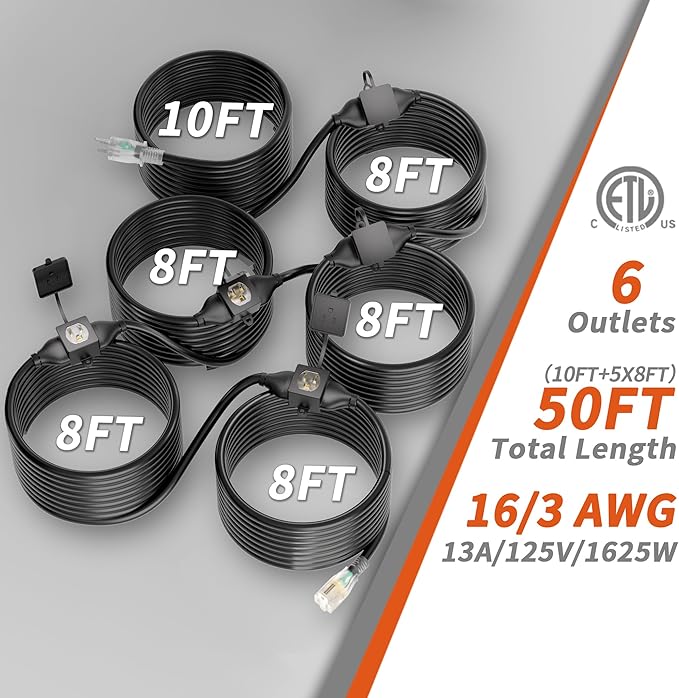 50 FT Outdoor Extension Cord with Multiple Outlets, 16/3 Gauge Heavy Duty Extension Cord Evenly Spaced 6 Outlets Plugs with Lighted Waterproof, 13AMP 1625W 125V 16AWG SJTW Black, ETL Listed