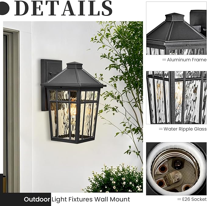 Outdoor Wall Sconce Waterproof Aluminum Porch Lights Outdoor with Water Ripple Glass 14 Inch Large Outdoor Light Fixtures Wall Mount for Patio Yard Doorway Garage
