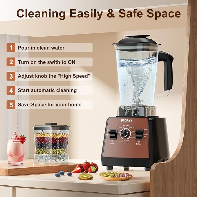 Blender for Smoothies,PRASKY 1000W Blenders for Kitchen,25,000 RPM Powerful Blender 68oz BPA-Free Juicer and Grinder with To-Go Gym Bottle,Countertop Blenders for Ice Crushing,Shakes,Fruits (Brown)