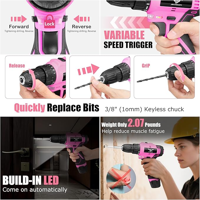 Pink Tool Set - 12V Cordless Drill Kit, 151 Piece Box With Hand Drill, Home Tool Kits for Men & Women, Perfect for Homeowner, Diyer, Handyman