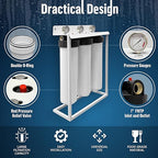 3 Stage High Capacity 20” White Whole House Water Filter System, Freestanding Steel Frame, Sediment, GAC+KDF & Carbon Cartridges, Presser Relief Button, 1” Brass Port, Pressure Gauges, Double O-Ring