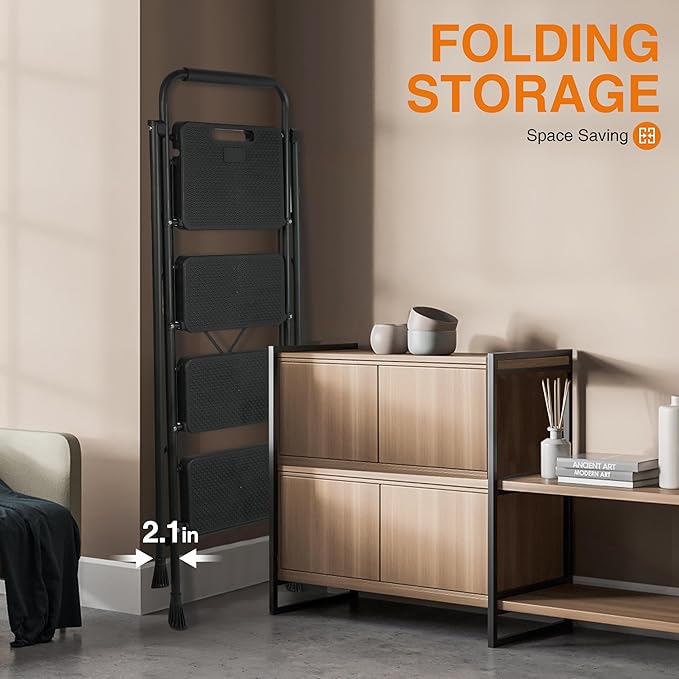 4 Step Ladder, Protable Steel Folding Stool with Wide Anti-Slip Pedal, 500lbs Sturdy Steel Ladder, Black