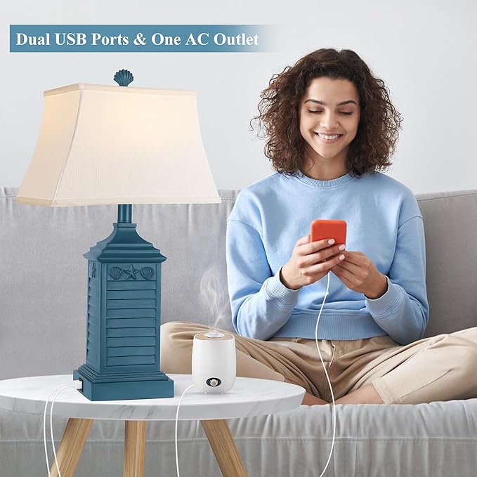 Set of 2 Table Lamps for Living Room Bedrooms, Coastal Nautical Navy Blue Bedside Nightstand Lamp with 2 USB Ports 1 AC Outlet, 3-Color Temperature Farmhouse Beach End Tables Lamp with LED Bulbs