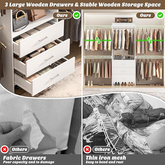 Aheaplus Closet System, Closet Organizer with 3 Wooden Drawers, Closet Organizer System, Walk-in Closet Wardrobe Clothes Rack with 4 Hanging Rods, Garment Rack, -4R, White