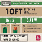 10 ft Outdoor Extension Cord 3 Outlet, 16/3 SJTW Weatherproof Multiple Plugs Green Extension Cord 3 Prong, 13 Amp Exterior Power Cable Three Way Plug for Outside & Landscaping
