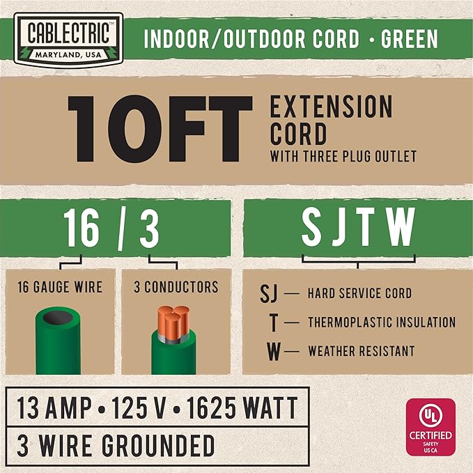10 ft Outdoor Extension Cord 3 Outlet, 16/3 SJTW Weatherproof Multiple Plugs Green Extension Cord 3 Prong, 13 Amp Exterior Power Cable Three Way Plug for Outside & Landscaping
