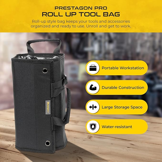 Heavy-Duty Roll Up Tool Bag Organizer w/Transparent Pockets for Quick View & Easy Access. 7 Reinforced Pockets w/Zippers, Multiple Carrying & Hanging Handles, Elastic Organizers & Adjustable Strap