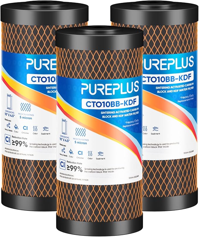 PUREPLUS 5 Micron 10" x 4.5" Whole House Coconut Shell Activated Carbon and KDF Water Filter, Heavy Metal Removal Replacement Water Filter, Compatible with GXWH40L, GXWH35F, BB10, CTO10BB-KDF, 3 PACK