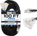 Iron Forge Cable 12 Gauge Extension Cord with Multiple Outlets - Black Heavy Duty Extension Cord 100 ft - 12/3 SJTOW, 3 Prong Lighted Outlet Cords