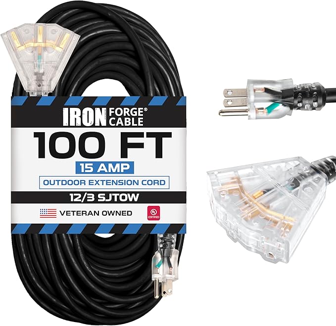 Iron Forge Cable 12 Gauge Extension Cord with Multiple Outlets - Black Heavy Duty Extension Cord 100 ft - 12/3 SJTOW, 3 Prong Lighted Outlet Cords