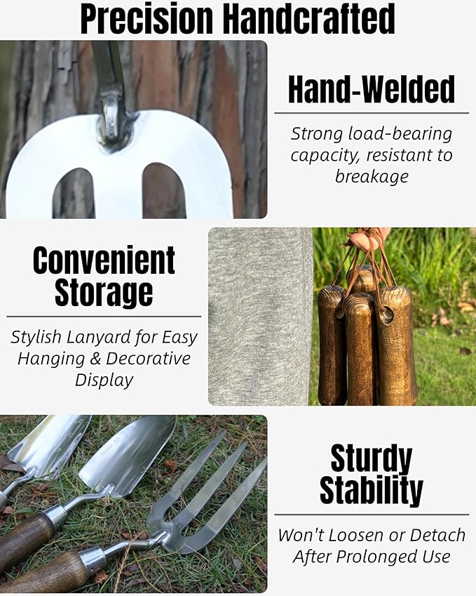 Garden Tool Set, 6PCS Heavy Duty Stainless Steel Gardening Hand Tools with Ropes, Includes Trowel, Transplanter, 2-in-1 Hoe, Pruner & More, Ideal Gardening Gift for Man and Woman (Standard Packaging)