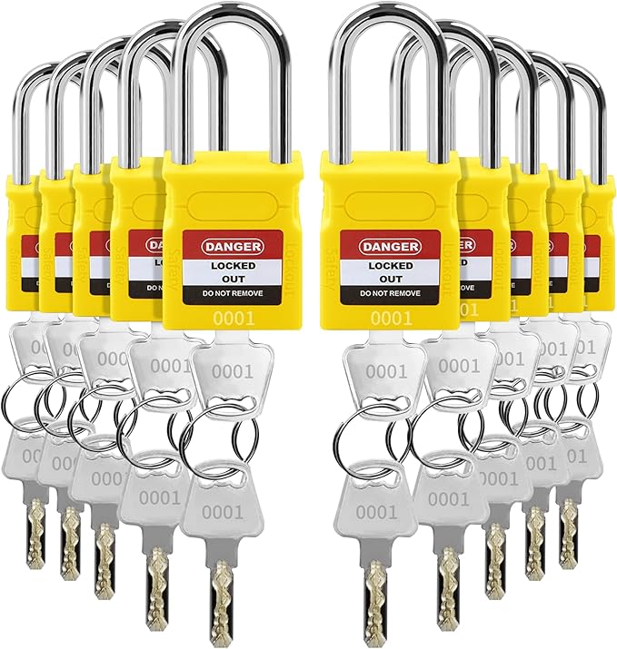 Lockout Tagout Locks - 10 Pack Yellow Loto Locks, Keyed Alike Padlock OSHA Compliant Lock Out Tag Out Lock, Safety Padlocks for Electrical Lockout Tag Out Kits