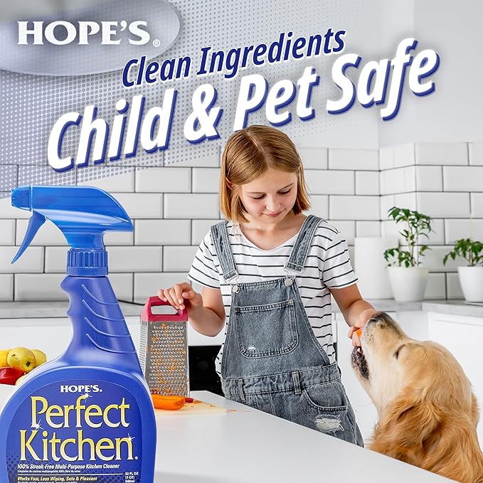 HOPE'S Perfect Kitchen Cleaner Spray - 32 Oz No-Residue All Purpose Cleaning Spray - Multisurface Degreaser for Counters, Stoves, Microwaves, and More - Pet and Home Safe - Pack of 12
