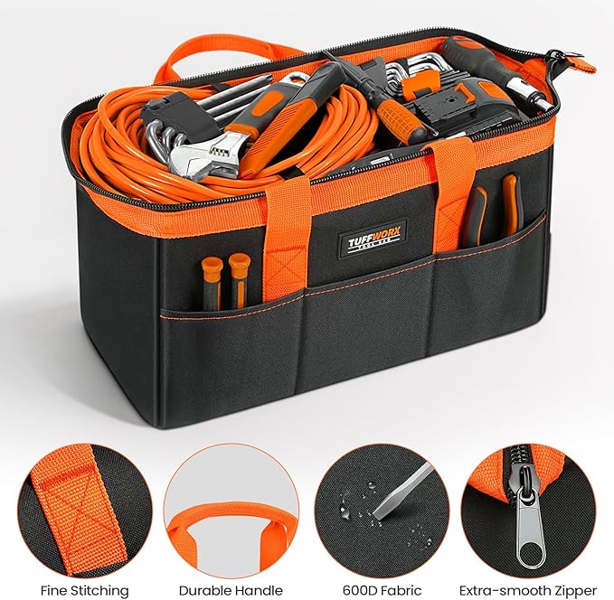 Tool Bag, Large Tool Organizer Bag with 18 Pockets,15.7x 11.4x 9.8 inch, Heavy Duty 600D Fabric, Black and Orange