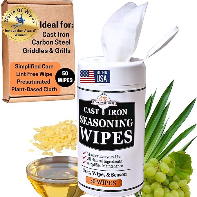 Cookware Care Cast Iron Seasoning Oil Wipes, 50 Count, Made in USA with Grapeseed Oil for Cast Iron Skillet, Blackstone Griddle - Ideal Blackstone Accessories Gift for Men/Dad