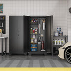 Metal Storage Cabinet with Locking Doors, 61" Tall Garage with Hanging Rod, Broom Closet, Freestanding Bathroom Storage Cabinet, Cleaning Tool,Black