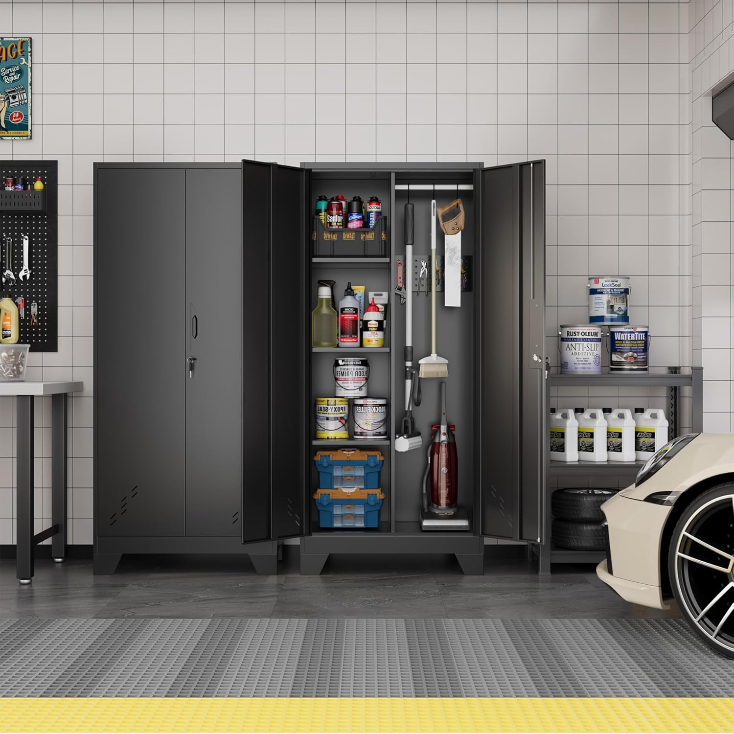 Metal Storage Cabinet with Locking Doors, 61" Tall Garage with Hanging Rod, Broom Closet, Freestanding Bathroom Storage Cabinet, Cleaning Tool,Black