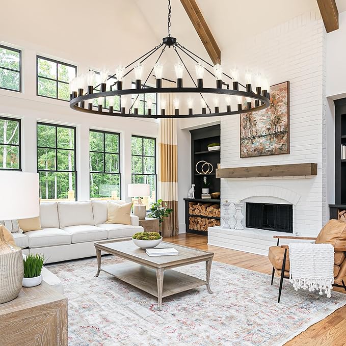 Large black wagon wheel chandelier 64 inch,36-Light Farmhouse wagon Wheel Chandeliers Round Industrial ceiling light fixtures for outdoor porch high ceilings Living Dining Room Foyer Entryway
