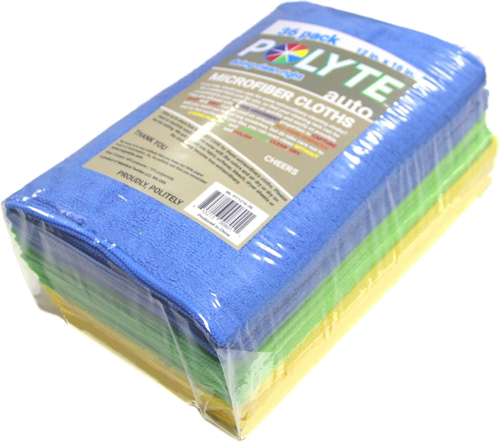 POLYTE Microfiber Cleaning Cloth, 12 x 16 in, Blue, Green, Yellow, 36 Pack