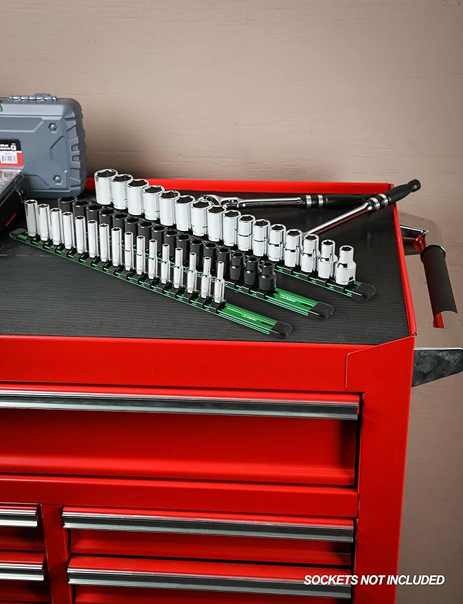 ARES 60045-3-Piece 17-Inch Green Aluminum Socket Rail Set - 1/4-Inch, 3/8-Inch, and 1/2-Inch Drive Socket Organizers Hold 48 Sockets