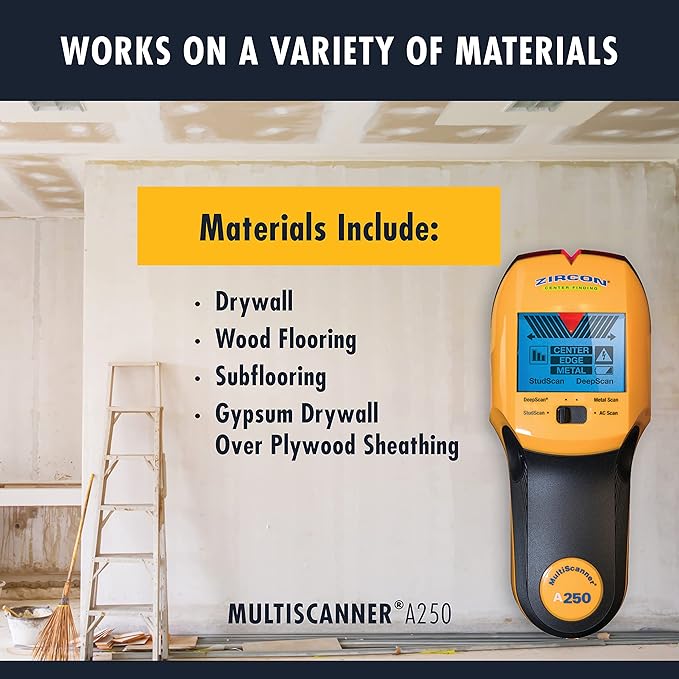 Zircon MultiScanner A250 All-In-One Stud Finder/Metal Detector/Live AC Wire Detection and Scanner,Yellow