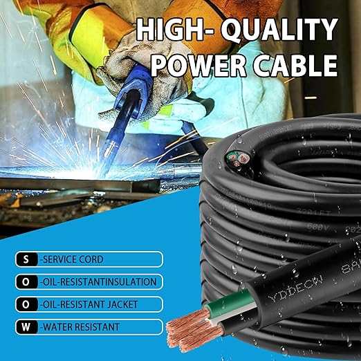 100ft 8/3 8 AWG Portable Power Cable (3 Conductor) - SOOW 600V 8 Gauge Electric Wire for Motor Leads, Portable Lights, Battery Chargers and Machinery - 3 Conductor - 100 Feet Electrical Cord