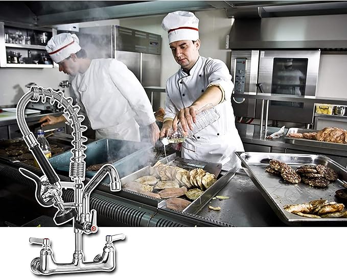 Commercial Faucet with Sprayer 21" Height 8" Center Wall Mount Kitchen Sink Faucet Brass Constructed Polished Chrome Pre-Rinse Device with Spring and 8" Add-on Spout