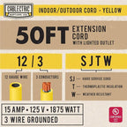 12 Gauge Outdoor Extension Cord 50 ft, 12/3 Heavy Duty Extension Cord 3 Prong Lighted End 50 Foot, SJTW Weatherproof Industrial Electrical Cable for Major Appliances, Proudly American Brand