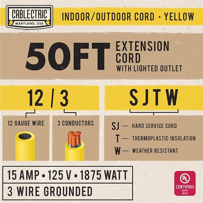 12 Gauge Outdoor Extension Cord 50 ft, 12/3 Heavy Duty Extension Cord 3 Prong Lighted End 50 Foot, SJTW Weatherproof Industrial Electrical Cable for Major Appliances, Proudly American Brand