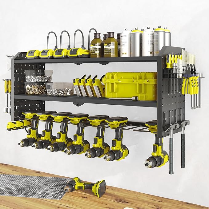 Warome Garage Power Tool Organizer with 8-Outlet Power Strip, Tool Storage Rack Wall Mount with 8 Cordless Drill Holders, Tool Organization Shelf with Charging Station in Black